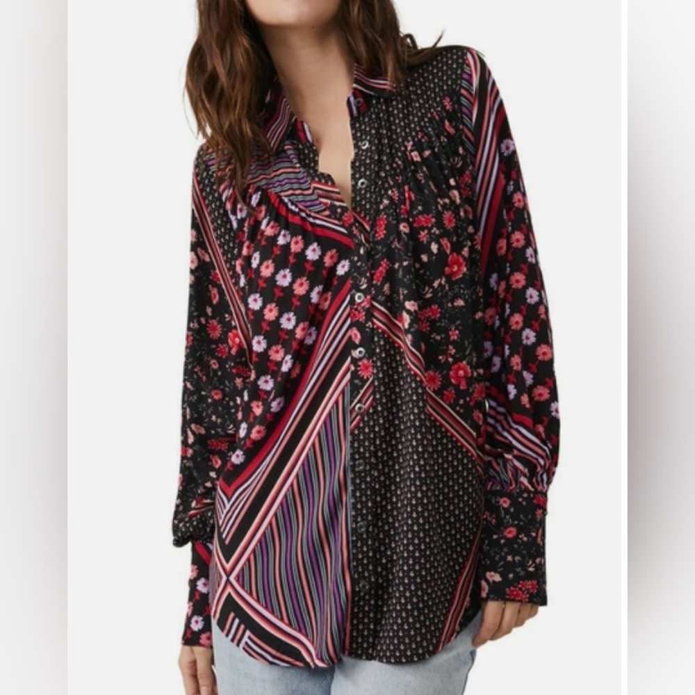 NWT Free People Hazel Button Down for Women Black Floral size Small